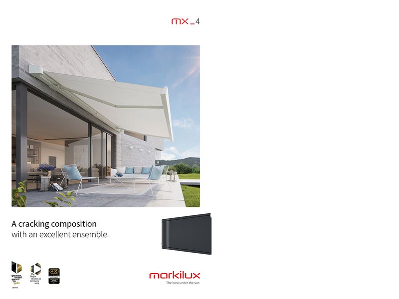 Screenshot of a markilux brochure page showing an extended markilux MX-4 in the color "cream" with white frame